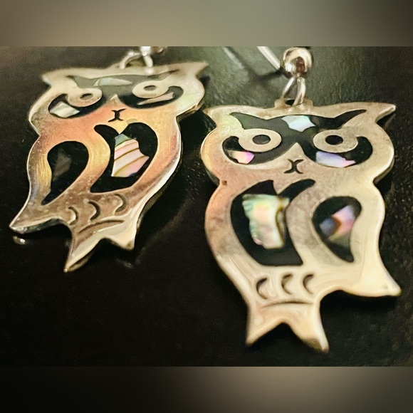 Vintage Alpaca Silver with Abalone Shell Black Onyx Owl Earrings - Picture 5 of 8